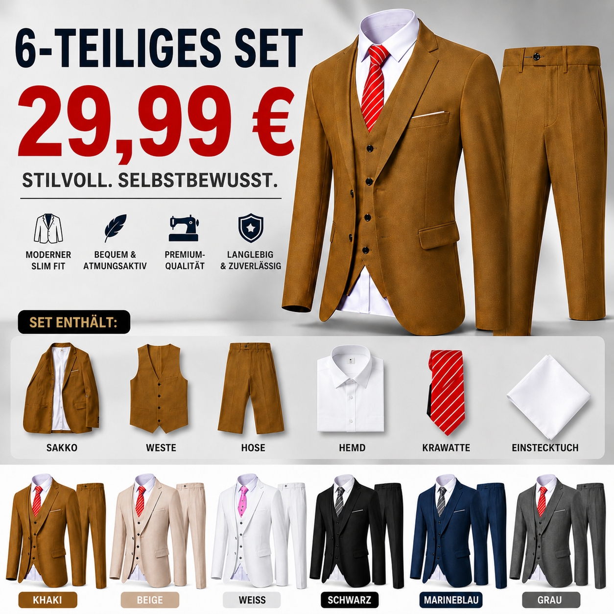 🔥Ausverkauf, begrenzter Lagerbestand 🔥 Herren‑Anzug mit Weste und Krawatte